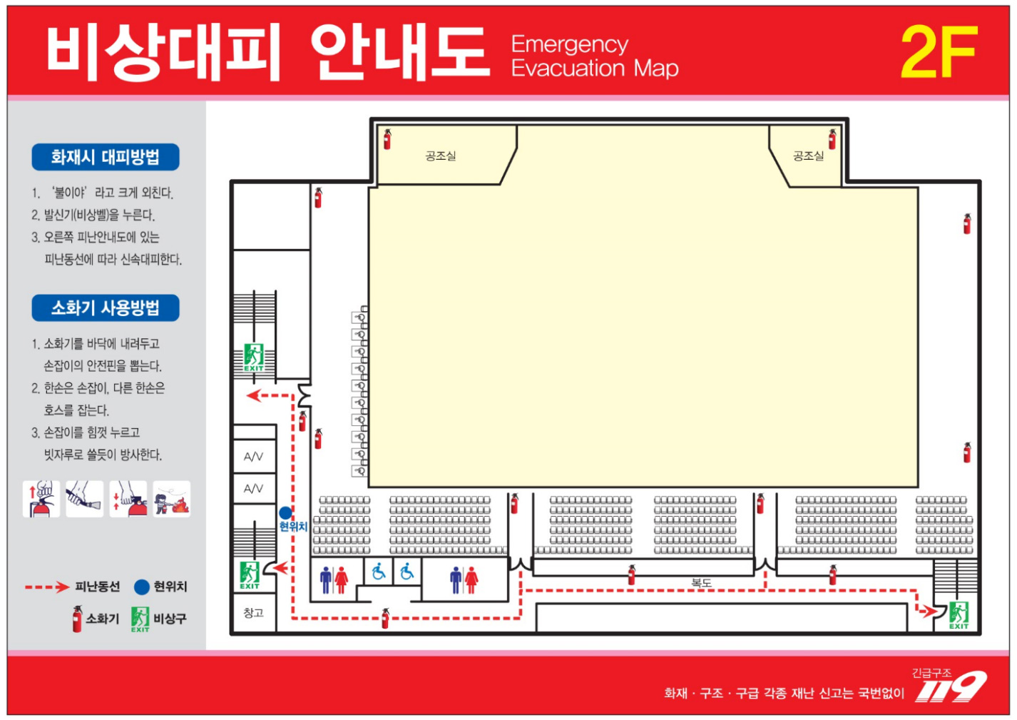 비상대피 안내도 1F- 1.화재시 대피방법 - 1) 불이야! 라고 크게 외친다, 2)발신기(비상벨)을 누른다. 3) 오른쪽 피난안내도에 있는 피난동선을 따라 신속대피한다. 2. 소화기 사용방법 - 1) 소화기를 바닥에 내려두고, 손잡이의 안진핀을 뽑는다., 2) 한손은 손잡이, 다른 한손은 호스를 잡는다. 3) 손잡이를 힘껏 누르고 빗자루로 쓸듯이 방사한다. - 화재ㆍ구조ㆍ구급 각종 재난 신고는 국번없이 전화 : 119 / 피난 안내도 : 2F 무대를 기준으로 서쪽 출입구 방향 비상구,  2F 무대를 기준으로  복도를 통해 남서쪽 장애인 화장실 옆 비상구, 2F 무대를 기준으로 복도를 통해서 남동쪽 끝에 비상구,